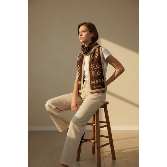 Chanel Brown & Beige Scarf With Four Leaf Clover Pattern - Picture 2 of 9